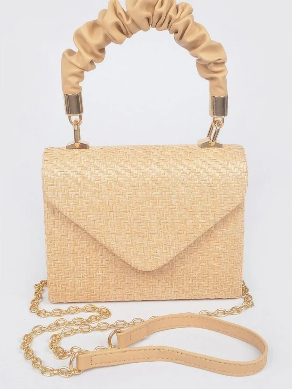 Faux Straw Top Handle Flap Bag